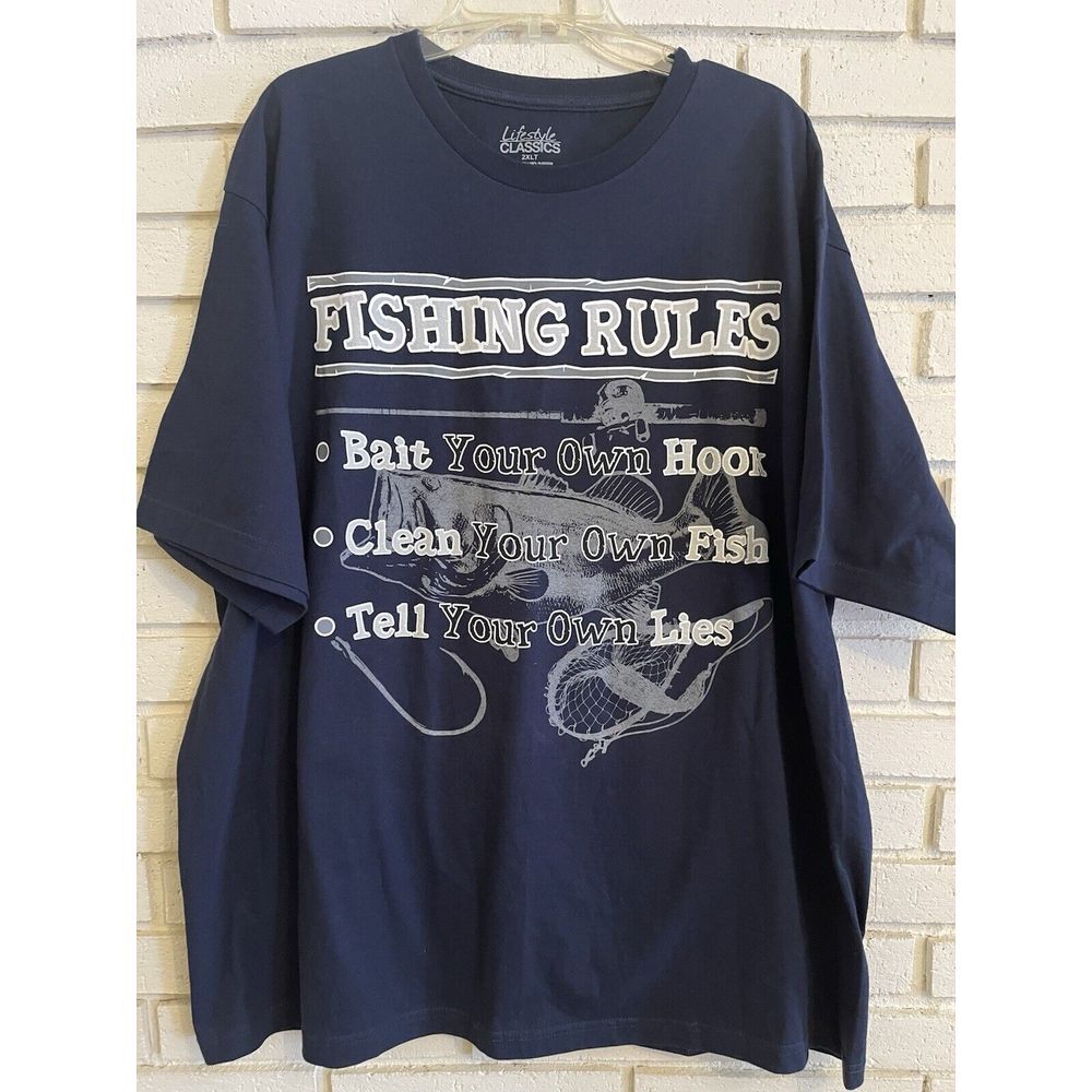 FISHING RULES Mens Tee Shirt Navy Blue Size 2XLT Short Sleeve NWOT‎